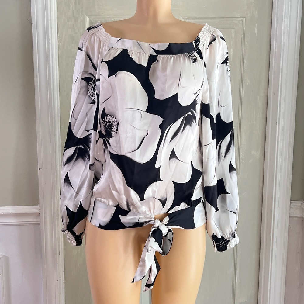 WHBM Silk Blouse Womens M Floral Off Shoulder Black White Tie Romantic Fairy